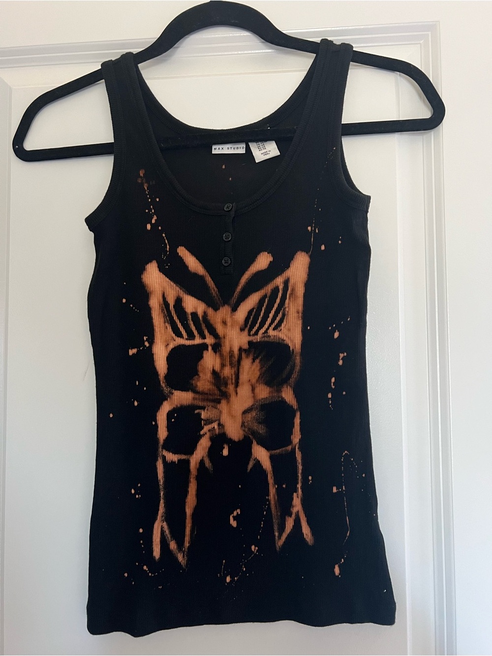 Max Studio Black Ribbed Tank with Orange tye dye Accents
